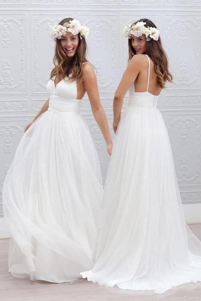 Simple V Neck Wedding Dress for Bride Spaghetti Straps Ruched Tulle Beach Bridal Gowns