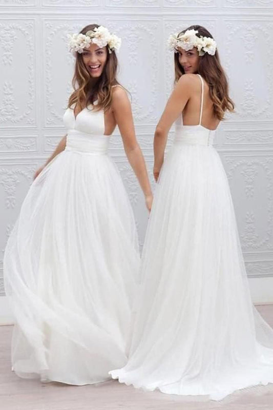 Simple V Neck Wedding Dress for Bride Spaghetti Straps Ruched Tulle Beach Bridal Gowns
