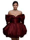 Off The Shoulder Short Wedding Dresses for Bride Puffy Satin Bridal Dresses w/Pockets Strapless Formal Ball Gowns