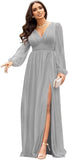 Langärmlige Brautjungfernkleider für Hochzeiten, V-Ausschnitt, formelles Kleid mit Schlitz, Chiffon-Ballkleid