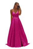 Women's Spaghetti Straps Prom Dresses Long V-Neck Sparkling Bridesmaid Dresses Formal Evening Gowns with High Slit
