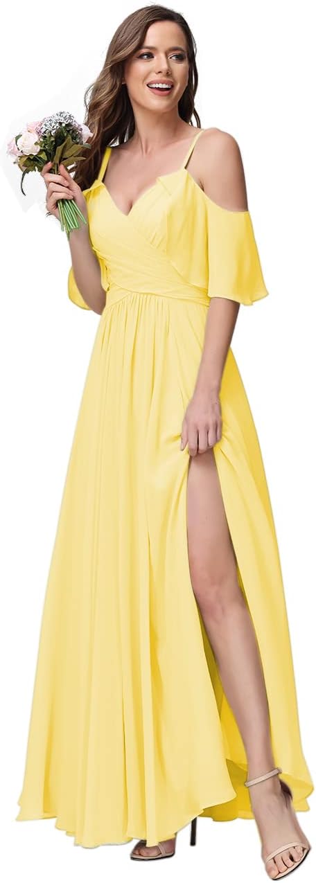 Women's Long Spaghetti Straps Bridesmaid Dress with Slit Off Shoulder Chiffon Formal Party Gowns