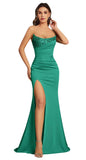 Mermaid Satin Prom Dresses for Women Strapless Sequin Formal Dress 2027 Pleated Evening Party Gowns with Slit