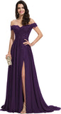 Women's Off The Shoulder Long Prom Dresses with Slit Lace Appliqued Chiffon Formal Party Gowns