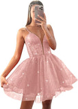 Glitter Tulle Homecoming Dresses for Teens Spaghetti V Neck Short Prom Dresses A Line Mini Cocktail Party Gowns