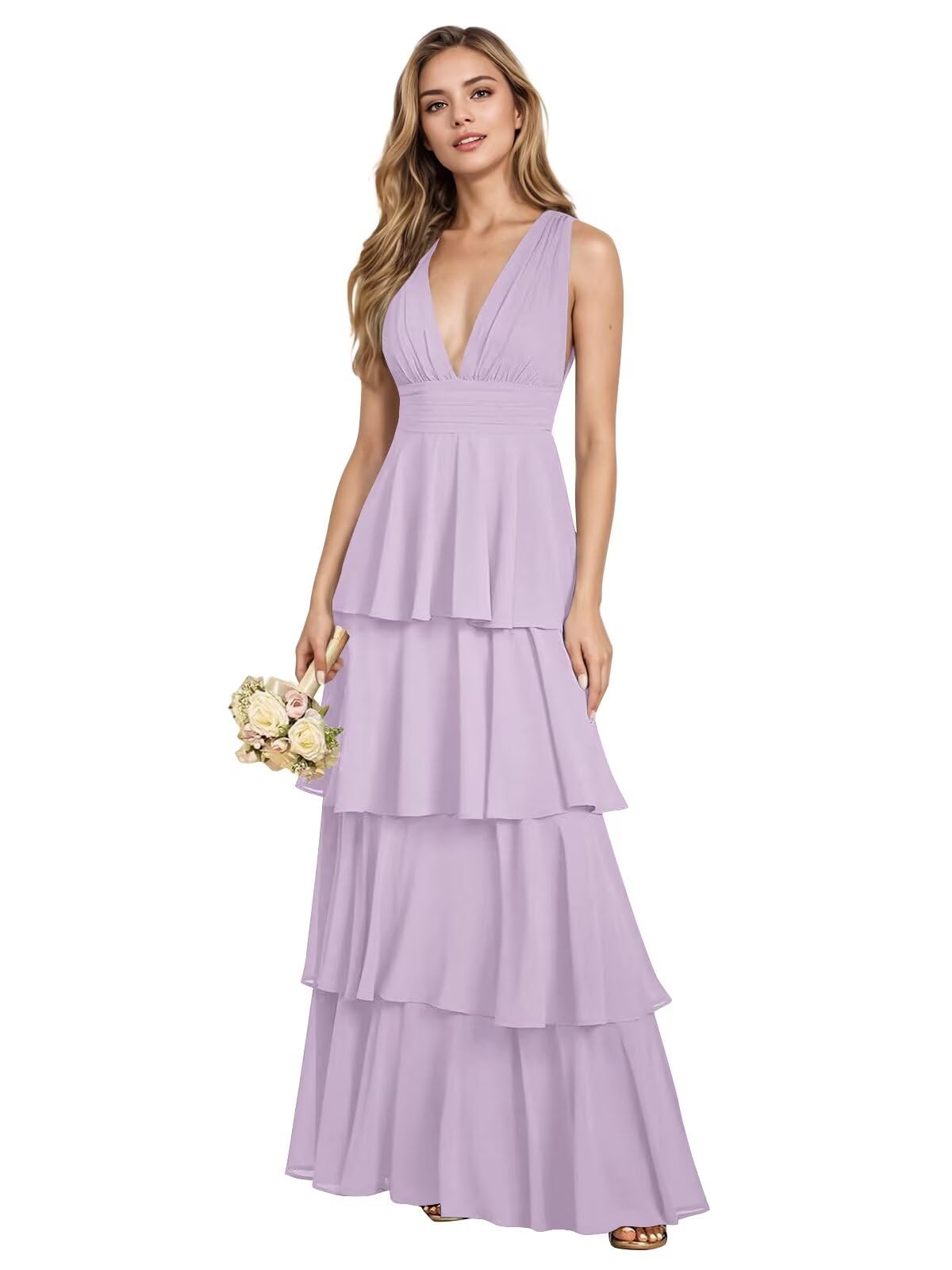 V Neck Chiffon Bridesmaid Dresses for Women 2027 Long Tiered A-Line Ruffles Formal Evening Party Dress