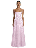 Floral Jacquard Prom Dresses for Women Spaghetti Straps A Line Satin Cowl Neck Formal Evening Party Dress