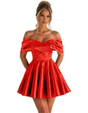 Off Shoulder Satin Homecoming Dresses for Teens 2026 Short Prom Dress A-line Pleated Cocktail Party Gowns