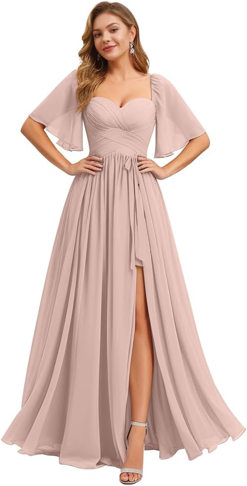 Women's Chiffon Bridesmaid Dresses for Wedding Flutter Sleeves Ruched A Line Long Formal Dress with Slit