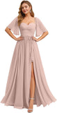 Women's Chiffon Bridesmaid Dresses for Wedding Flutter Sleeves Ruched A Line Long Formal Dress with Slit