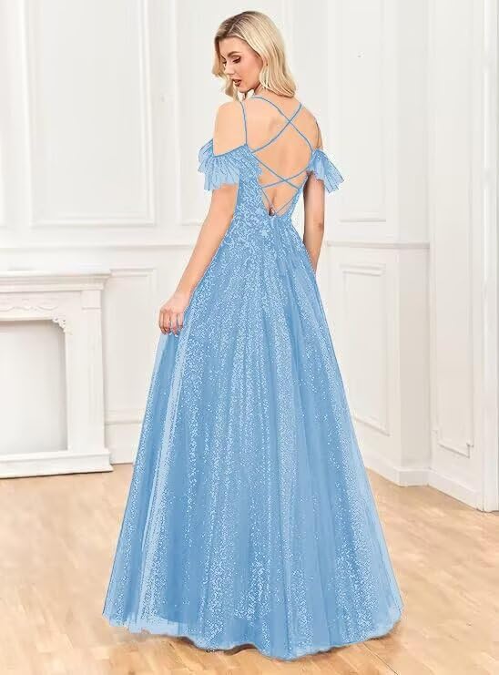Off Shoulder Tulle Ball Gowns for Women Lace Appliques Beaded Prom Dress Sparkly Long A-line Evening Gowns