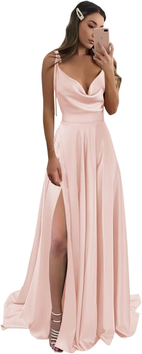 Vestidos de fiesta largos de satén con abertura alta para mujer, 2024, tirantes finos ajustables, vestidos de fiesta formales con bolsillos 