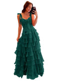 Tiered Prom Dresses with Bow Long A-Line Chiffon Formal Evening Dress for Women Spaghetti Straps Slit Ball Gown