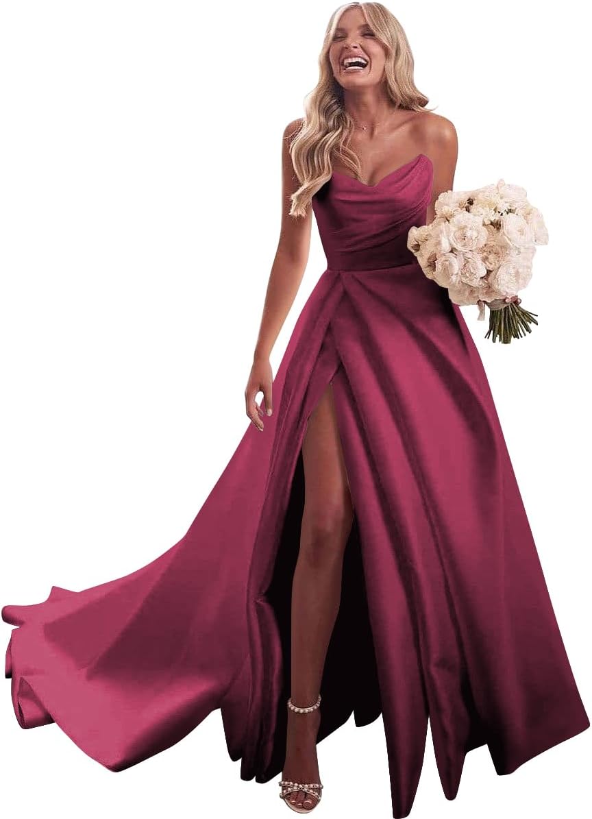 Strapless Satin Prom Wedding Dresses with Slit Long Pleats Formal Ball Bridal Gowns with Pockets