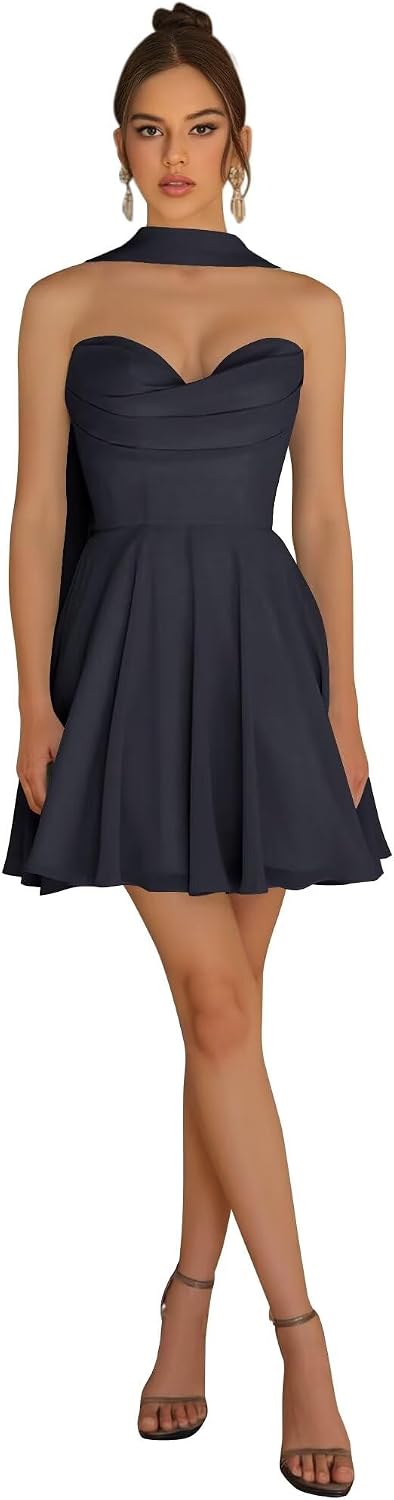 Strapless Homecoming Dresses for Teens 2026 Chiffon Short Prom Dress with Scarf A-line Pleated Cocktail Party Gown