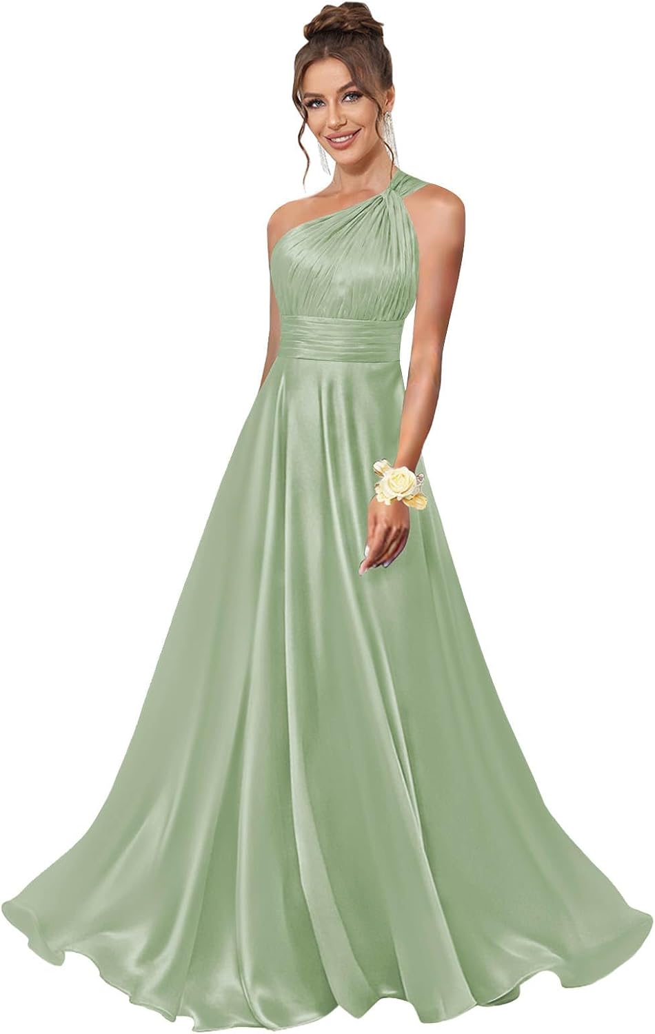 One Shoulder Bridesmaid Dresses for Women Satin Pleated A Line Long Formal Prom Dress with Pockets