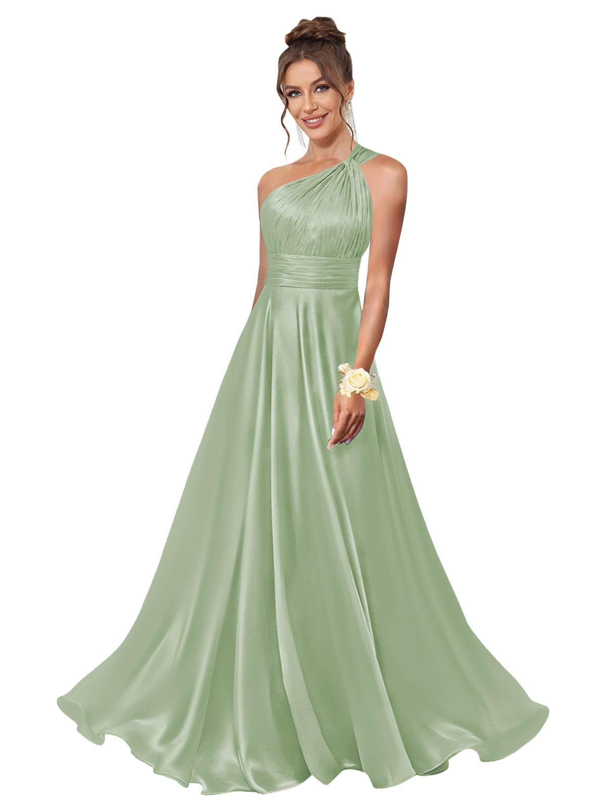 One Shoulder Bridesmaid Dresses for Women Satin Pleated A Line Long Formal Prom Dress with Pockets