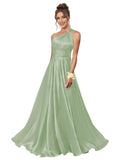 One Shoulder Bridesmaid Dresses for Women Satin Pleated A Line Long Formal Prom Dress with Pockets