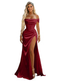 Off Shoulder Mermaid Prom Dresses with Slit 2027 Long Satin Pleated Formal Dress for Women Evening Party
