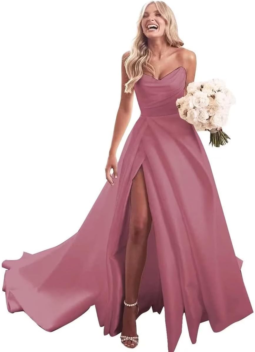 Trägerloses Ballkleid, langes Ballkleid, Satin-Brautkleid für die Braut, A-Linie, formelle Abendkleider mit Schlitz 