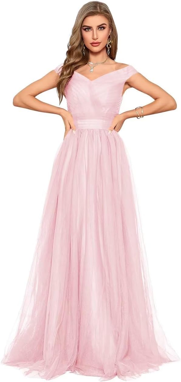 Schulterfreies Ballkleid, langes Ballkleid für Damen, A-Linie, Herzausschnitt, mehrlagiges Tüllkleid für Hochzeit, Abendparty 