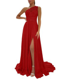 One Shoulder Chiffon Bridesmaid Dresses for Wedding 2026 Lace A-Line Slit Formal Evening Party Gown with Pockets