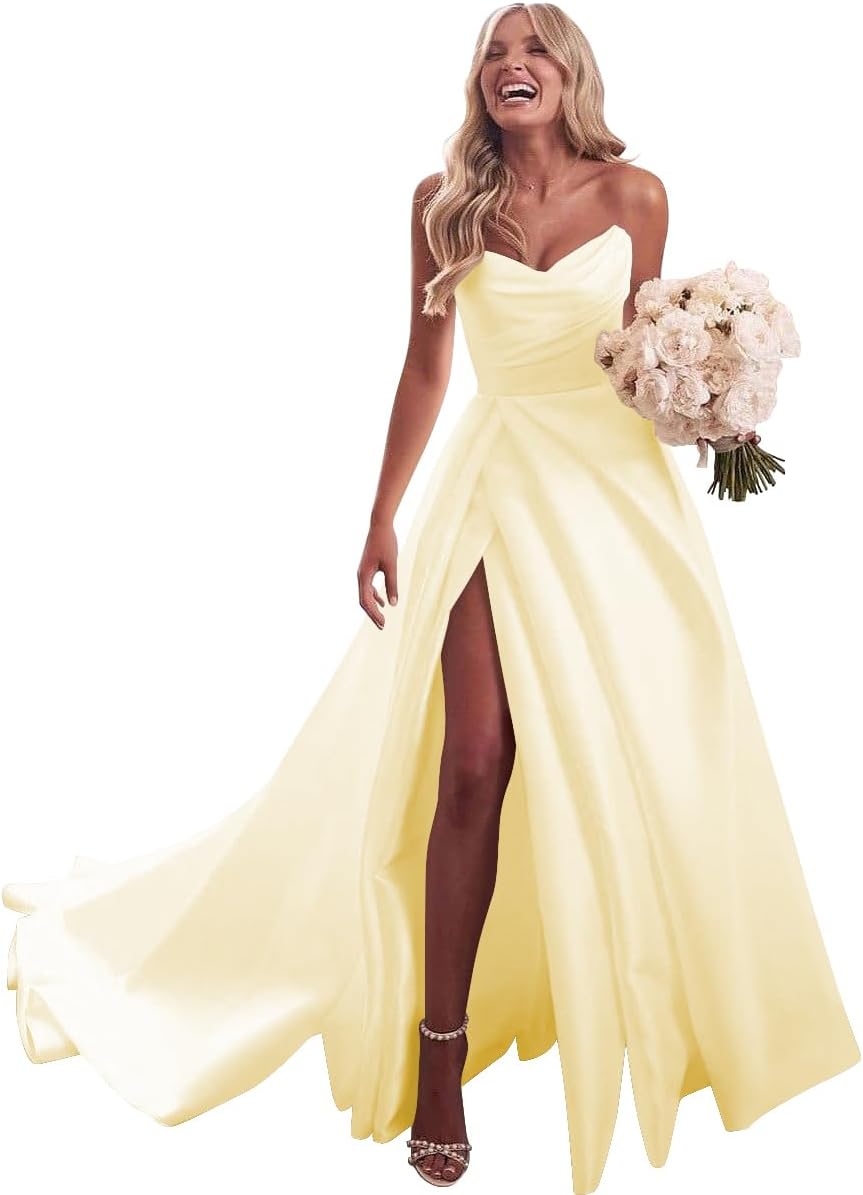 Strapless Satin Prom Wedding Dresses with Slit Long Pleats Formal Ball Bridal Gowns with Pockets