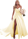 Strapless Satin Prom Wedding Dresses with Slit Long Pleats Formal Ball Bridal Gowns with Pockets