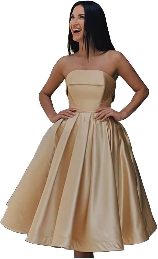 Tea Length Satin Cocktail Party Dresses for Women, Strapless Formal Evening Prom Gown Homecoming Graduation Dresses
