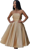 Tea Length Satin Cocktail Party Dresses for Women, Strapless Formal Evening Prom Gown Homecoming Graduation Dresses