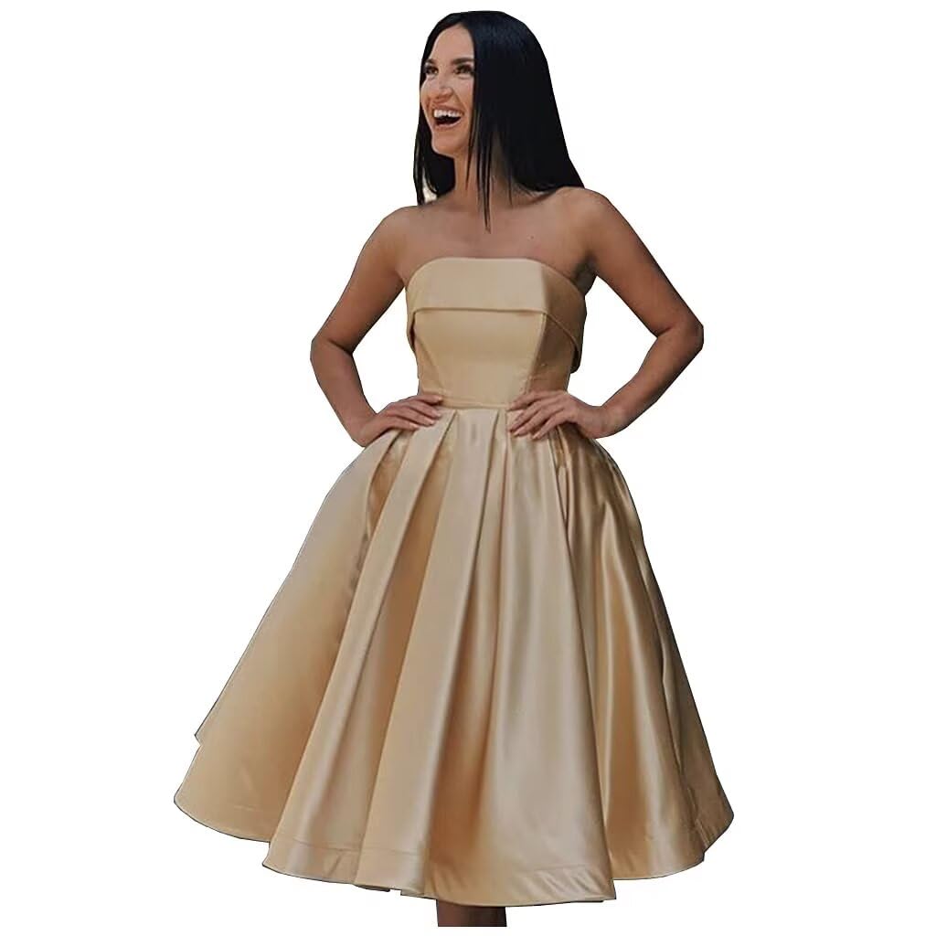 Tea Length Satin Cocktail Party Dresses for Women, Strapless Formal Evening Prom Gown Homecoming Graduation Dresses