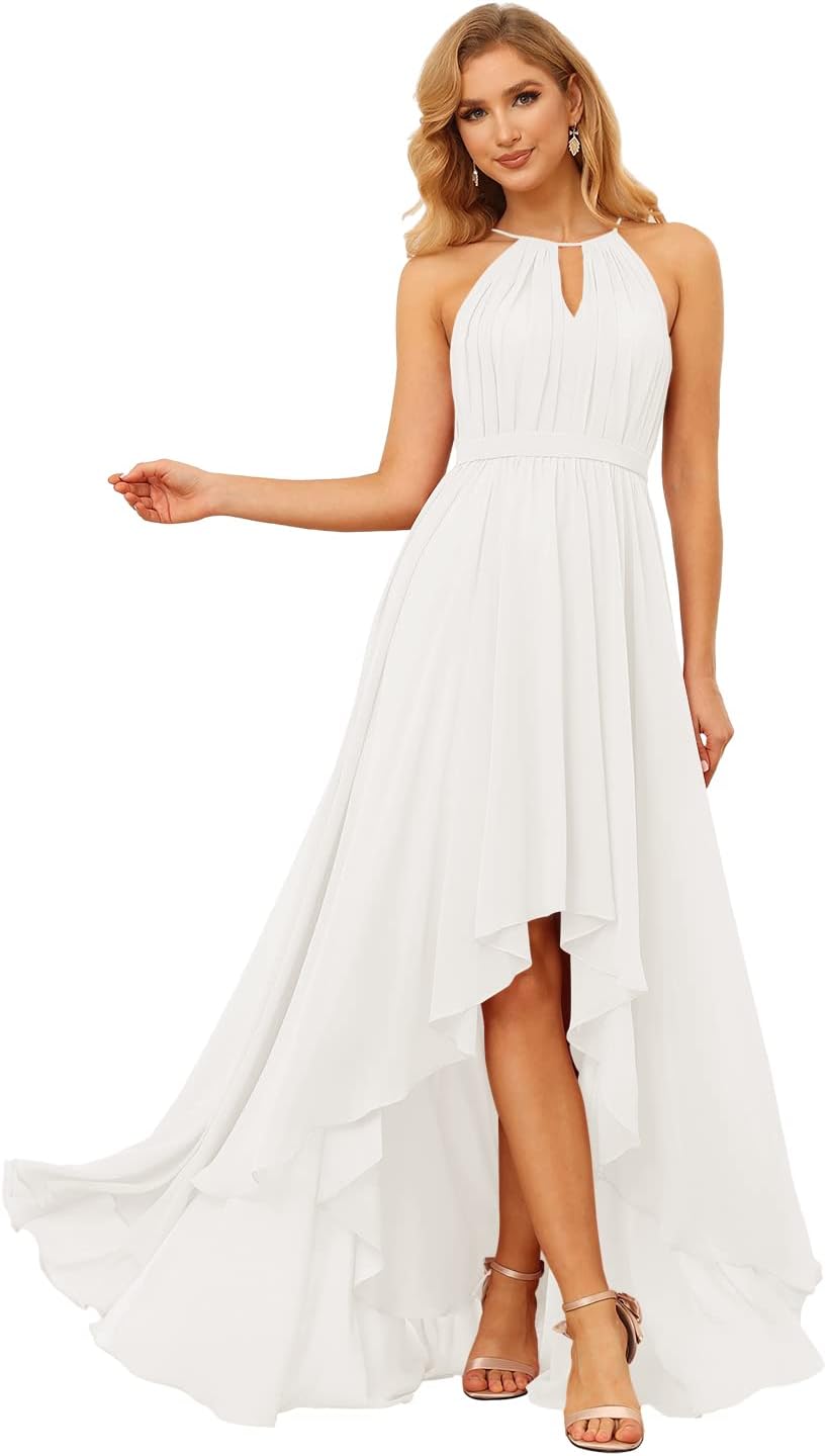 Damen Neckholder Brautjungfernkleider Lang mit Taschen High-Low Falten Formelles Kleid für Hochzeit 
