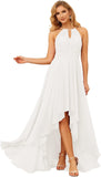 Damen Neckholder Brautjungfernkleider Lang mit Taschen High-Low Falten Formelles Kleid für Hochzeit 