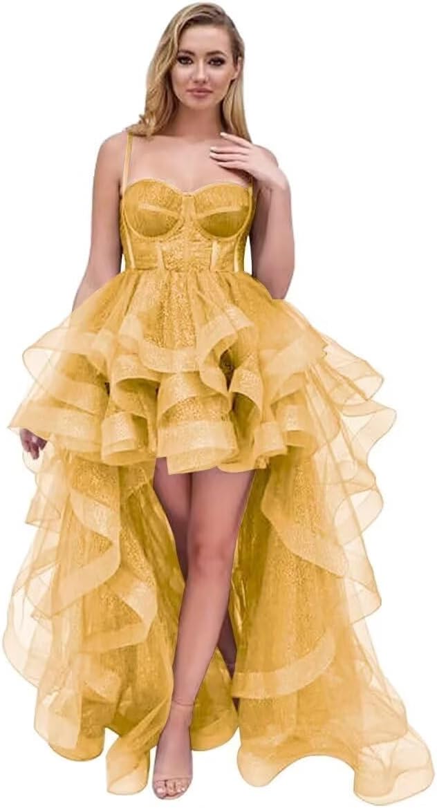 Spaghetti Cocktail Party Dress for Women High-Low Ruffled Summer Dress Long Trailing Prom Ball Gown