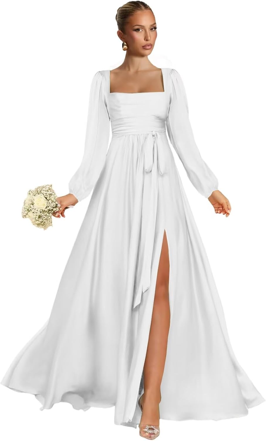 Satin Bridesmaid Dresses with Slit Long Sleeve Square Neck A Line Maxi Formal Dress