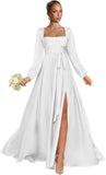 Satin Bridesmaid Dresses with Slit Long Sleeve Square Neck A Line Maxi Formal Dress