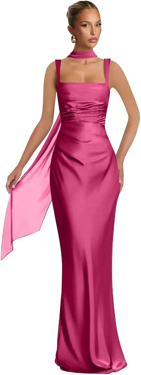 Mermaid Bridesmaid Dresses with Scarf 2027 Long Satin Spaghetti Straps Ruched Formal Evening Party Dress for Women