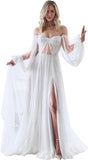 Women's Puffy Long Sleeve Prom Dresses with Slit Off Shoulder Tulle Wedding Formal Evening Gowns