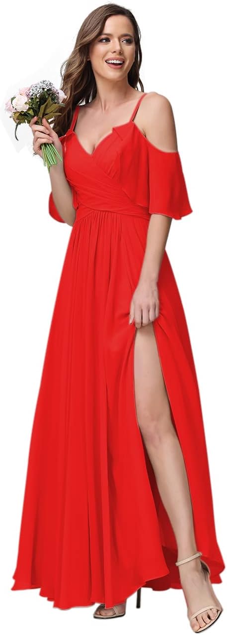 Women's Long Spaghetti Straps Bridesmaid Dress with Slit Off Shoulder Chiffon Formal Party Gowns