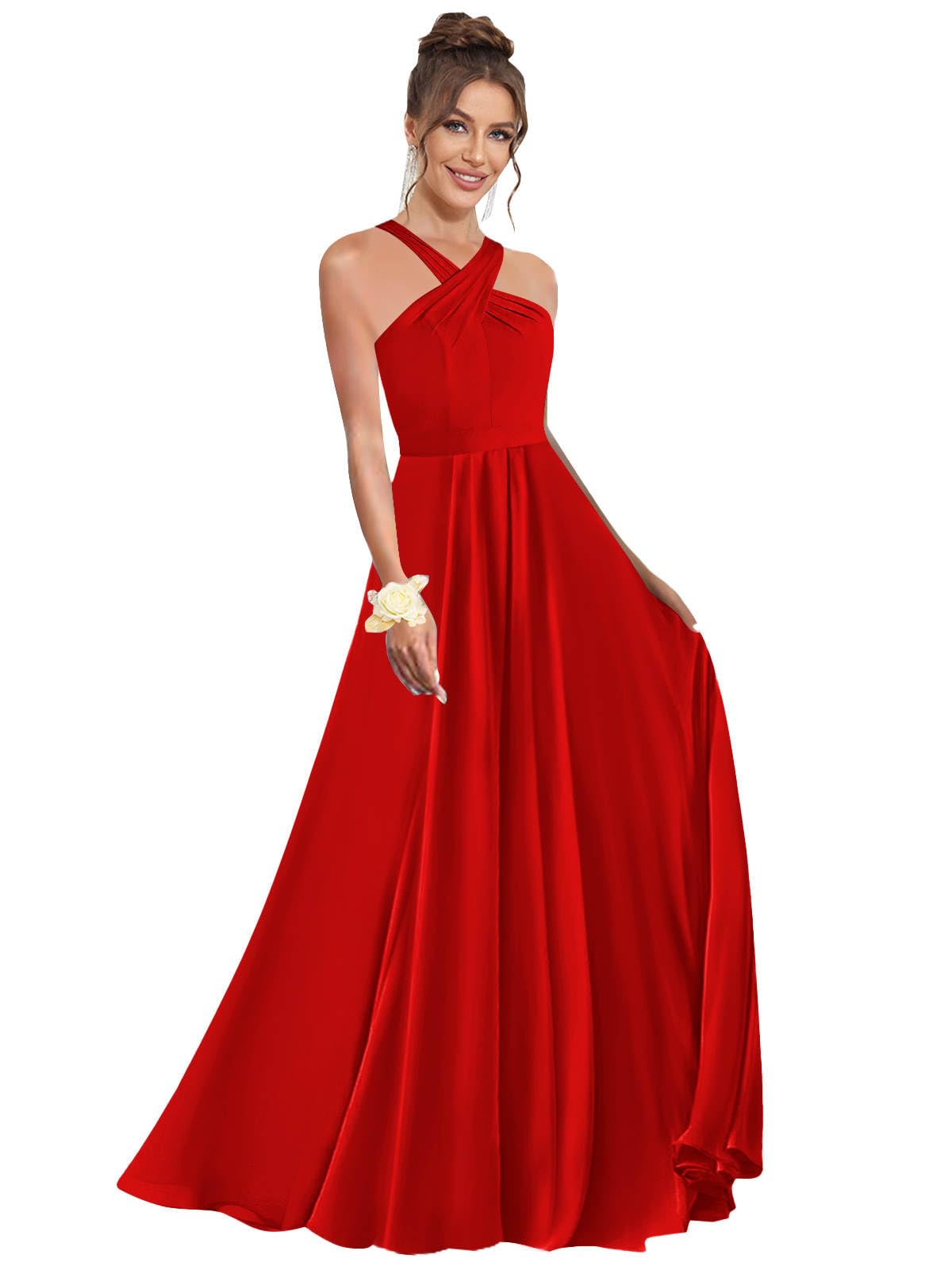 Halter Bridesmaid Dresses for Wedding Chiffon A Line Pleated Long Formal Prom Dress with Belt