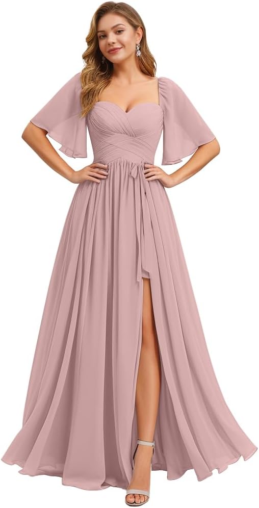 Women's Chiffon Bridesmaid Dresses for Wedding Flutter Sleeves Ruched A Line Long Formal Dress with Slit