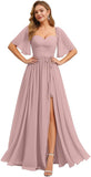 Women's Chiffon Bridesmaid Dresses for Wedding Flutter Sleeves Ruched A Line Long Formal Dress with Slit