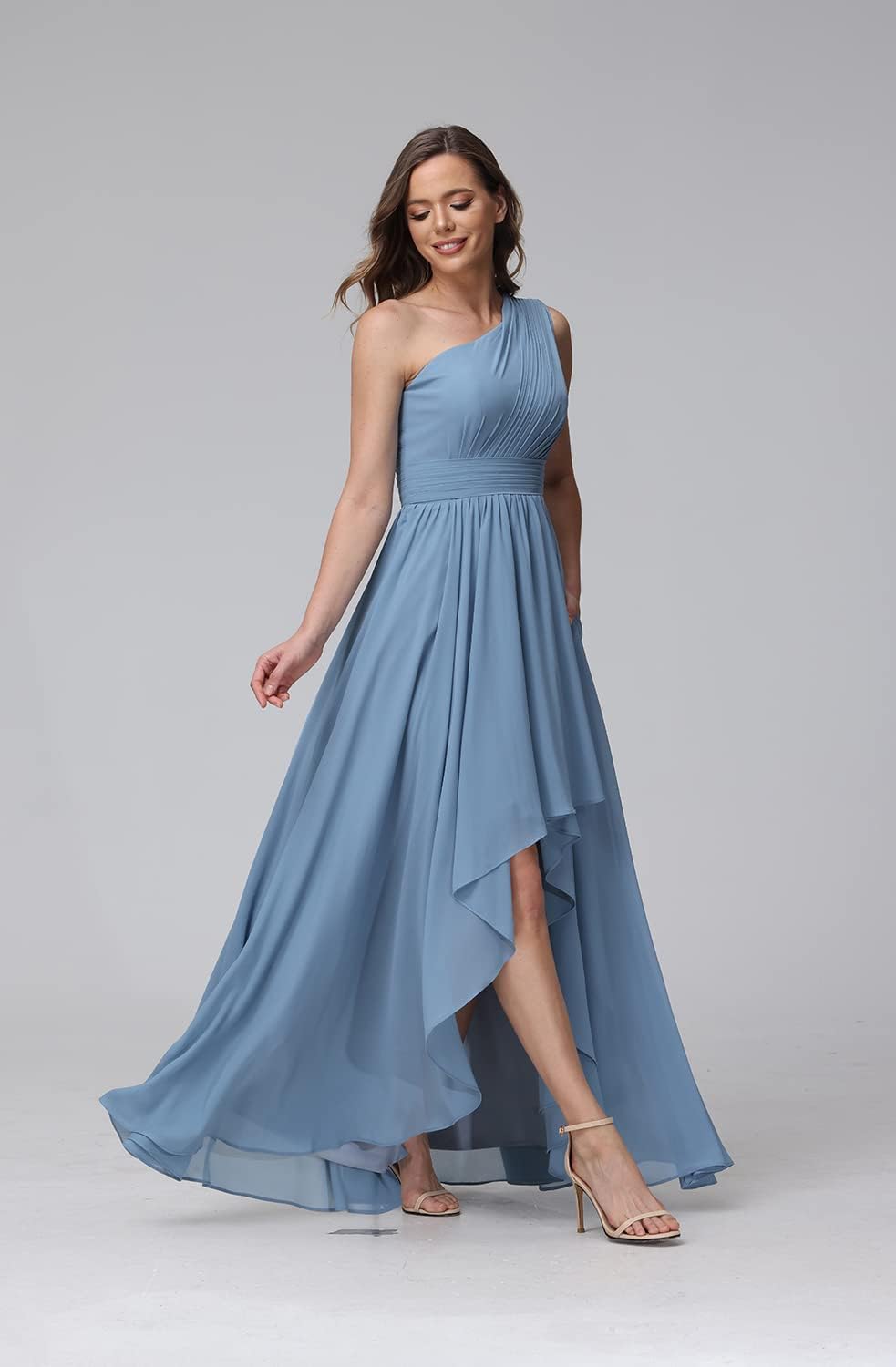 Vestido de dama de honor de un solo hombro para mujer, vestido formal de noche de gasa con bolsillos y corte alto bajo