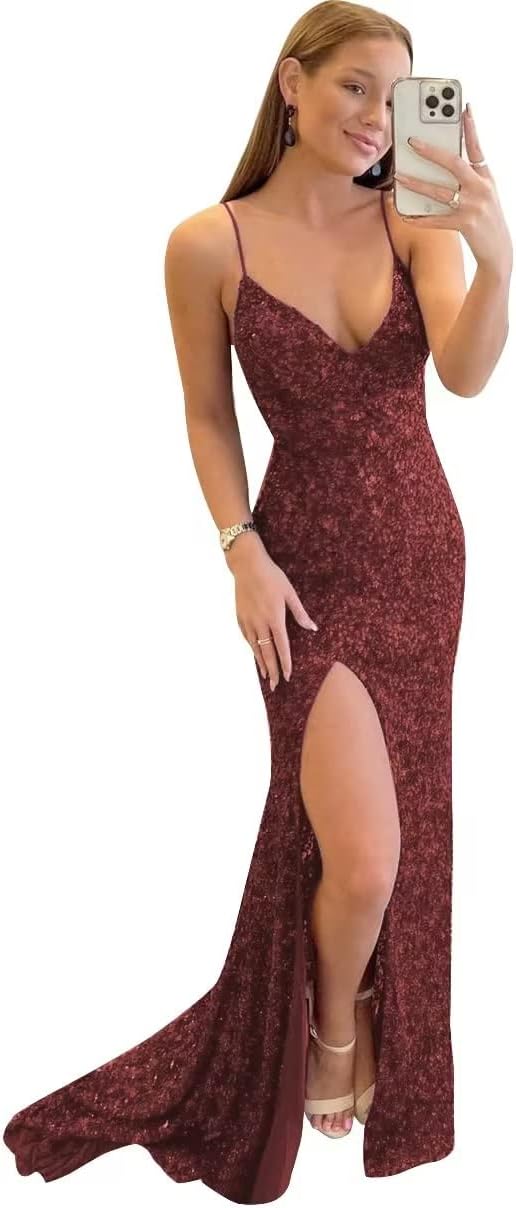Vestido de fiesta con tirantes finos y lentejuelas, vestido de noche de sirena brillante con abertura, vestidos largos para mujer 2024 