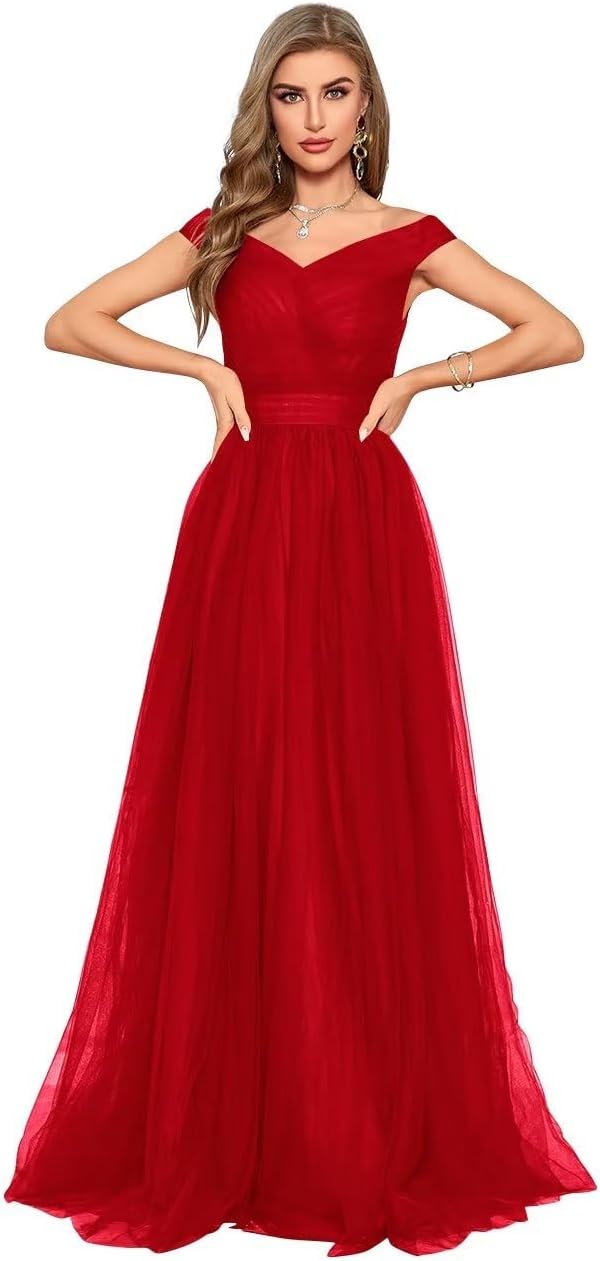 Schulterfreies Ballkleid, langes Ballkleid für Damen, A-Linie, Herzausschnitt, mehrlagiges Tüllkleid für Hochzeit, Abendparty 