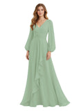 Women's Chiffon Bridesmaid Dresses Long Sleeve Ruffles V-Neck Pleated Formal Wedding Guest Dresses Mother of the bride Dress