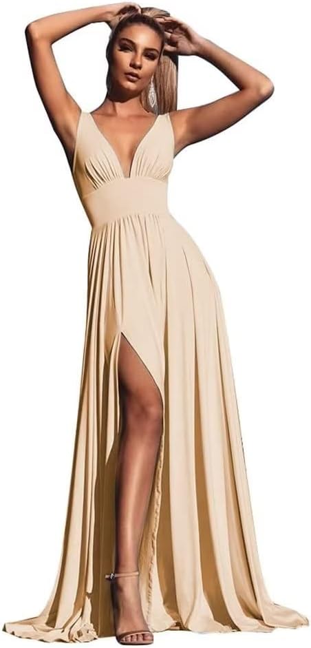 V-Ausschnitt Satin Brautjungfernkleider für Hochzeiten Geteilte Ballkleider Lange A-Linie Abendkleider für Damen 