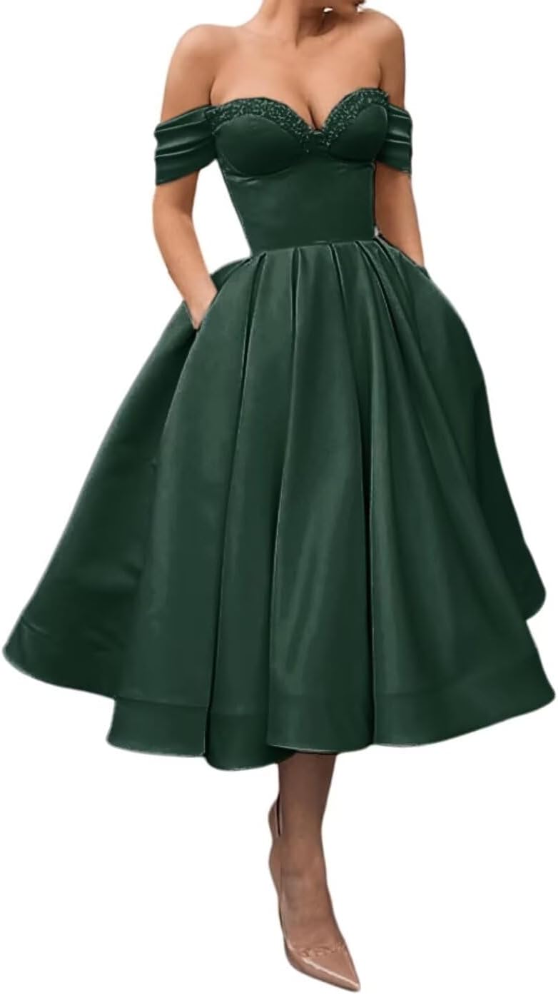 A Line Off Shoulder Prom Dresses for Women Satin Tea Length Cocktail Party Dresses with Pockets