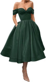A Line Off Shoulder Prom Dresses for Women Satin Tea Length Cocktail Party Dresses with Pockets