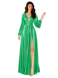 Kingbridal Gowns Long Sleeve Satin Bridesmaid Dresses for Women Long A-Line V-Neck Pleated Formal Evening Party Ball Gown with Slit